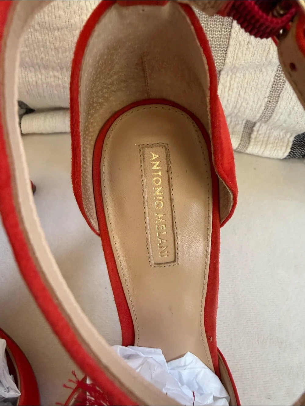 ANTONIO MELANI Red Suede Pointed Tassel Ankle-Strap Heels